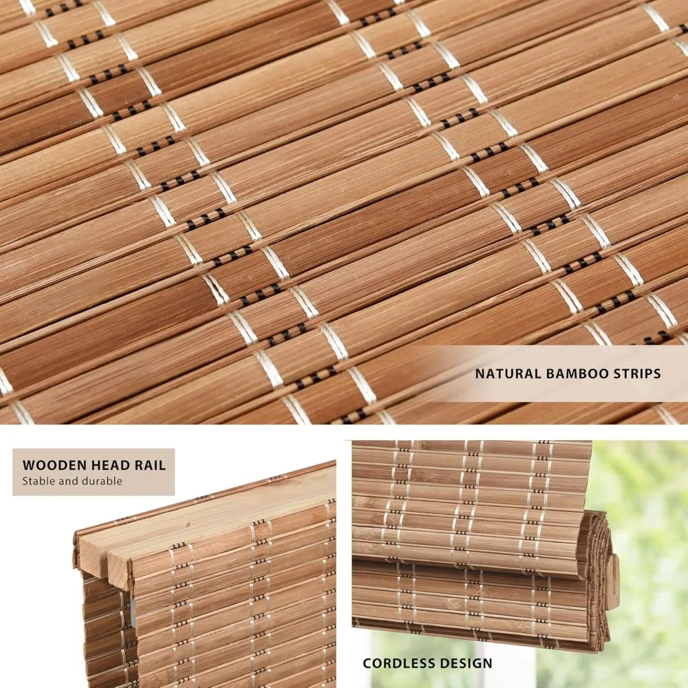 

No Tools No Drill Cordless Bamboo Roman Shades, Light Filtering Window Treatment, Roll Up Bamboo Blinds for Window
