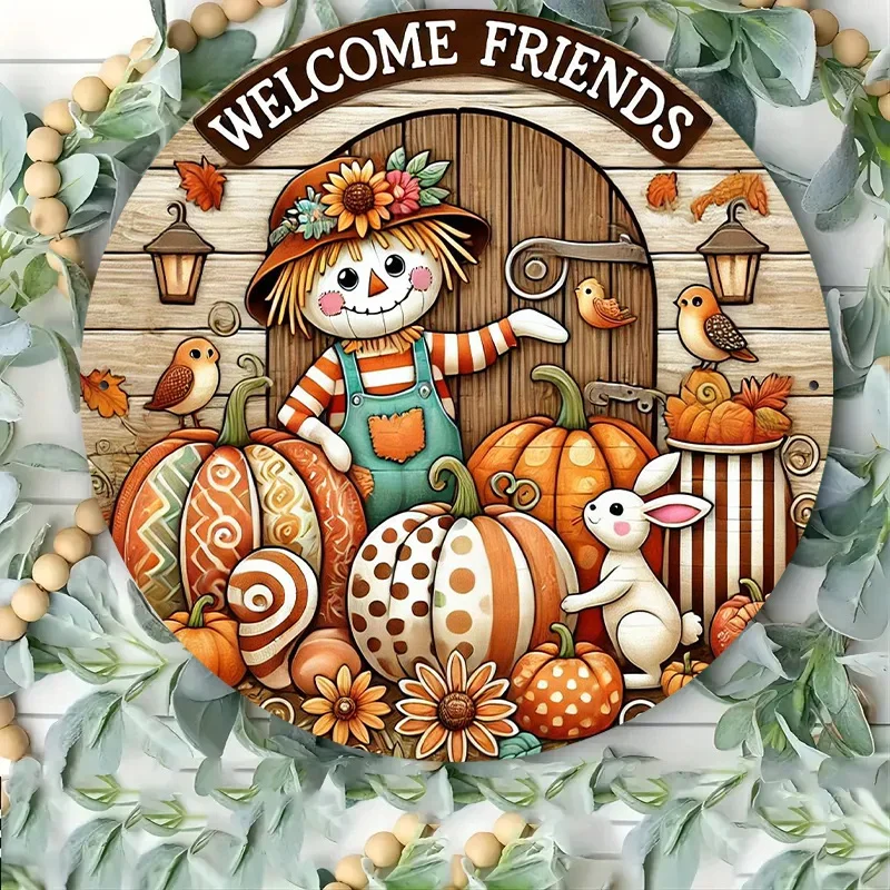 2D Flat, 2D Flat Welcome Friends 8x8 Inch Metal Sign - Vintage Scarecrow and Autumn Wreath Design, Suitable for Home, Coffee Sho