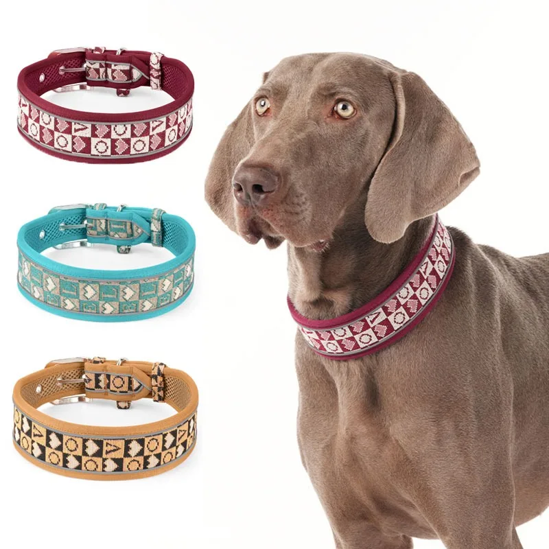 Vintage Widened Dog Collar Breathable Mesh Dogs Collar with Reflective Strips Outdoor Walking Pet Collar for Medium Large Breed