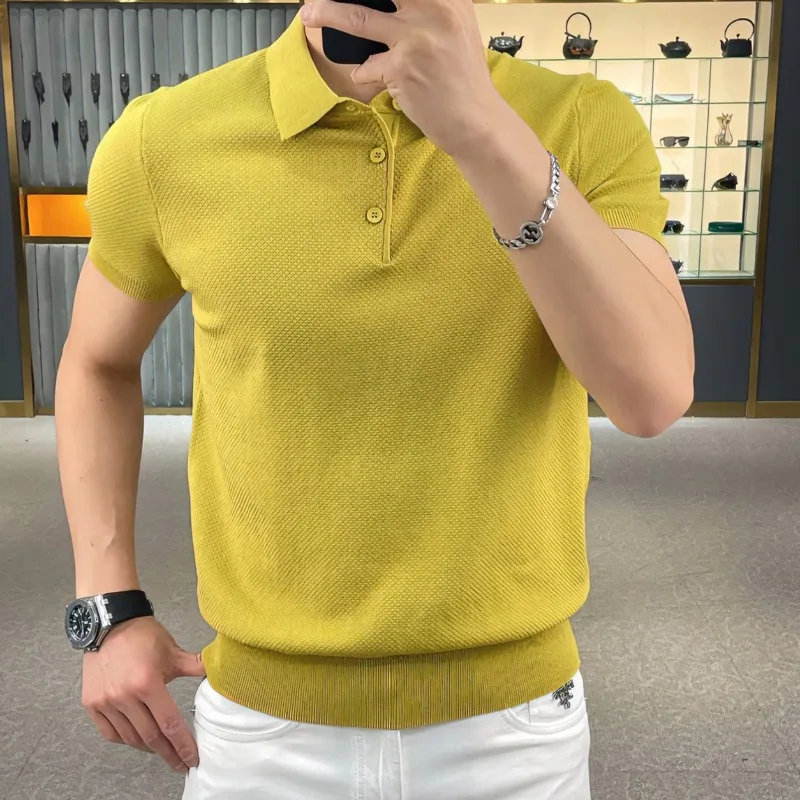 Summer Solid Color Knitted Polo Shirt for Men Ice Silk Elastic Casual Business T-shirt Flip Collar Fashionable Versatile T-shirt