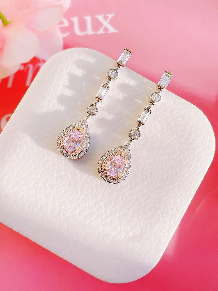 Sweet cherry blossom pink diamond earrings, women's light luxury, fashionable ice flower princess style, high-end feeling