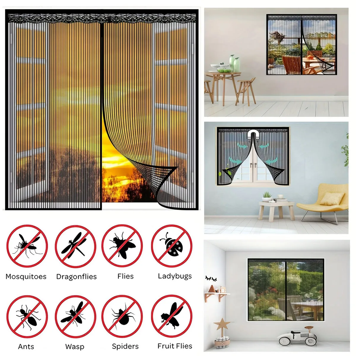 Magnetic Window Screen - Upgraded Polyester Mesh with Magnetic Closure, Keeps Mosquitoes and Insects Out - Black