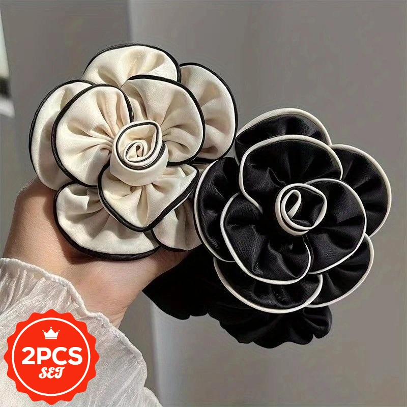 

2Pcs/set New Elegant Camellia Headband With Fashionable Fabric And Rubber Band Hair Tie Elasticity And Durable Hair Elastic
