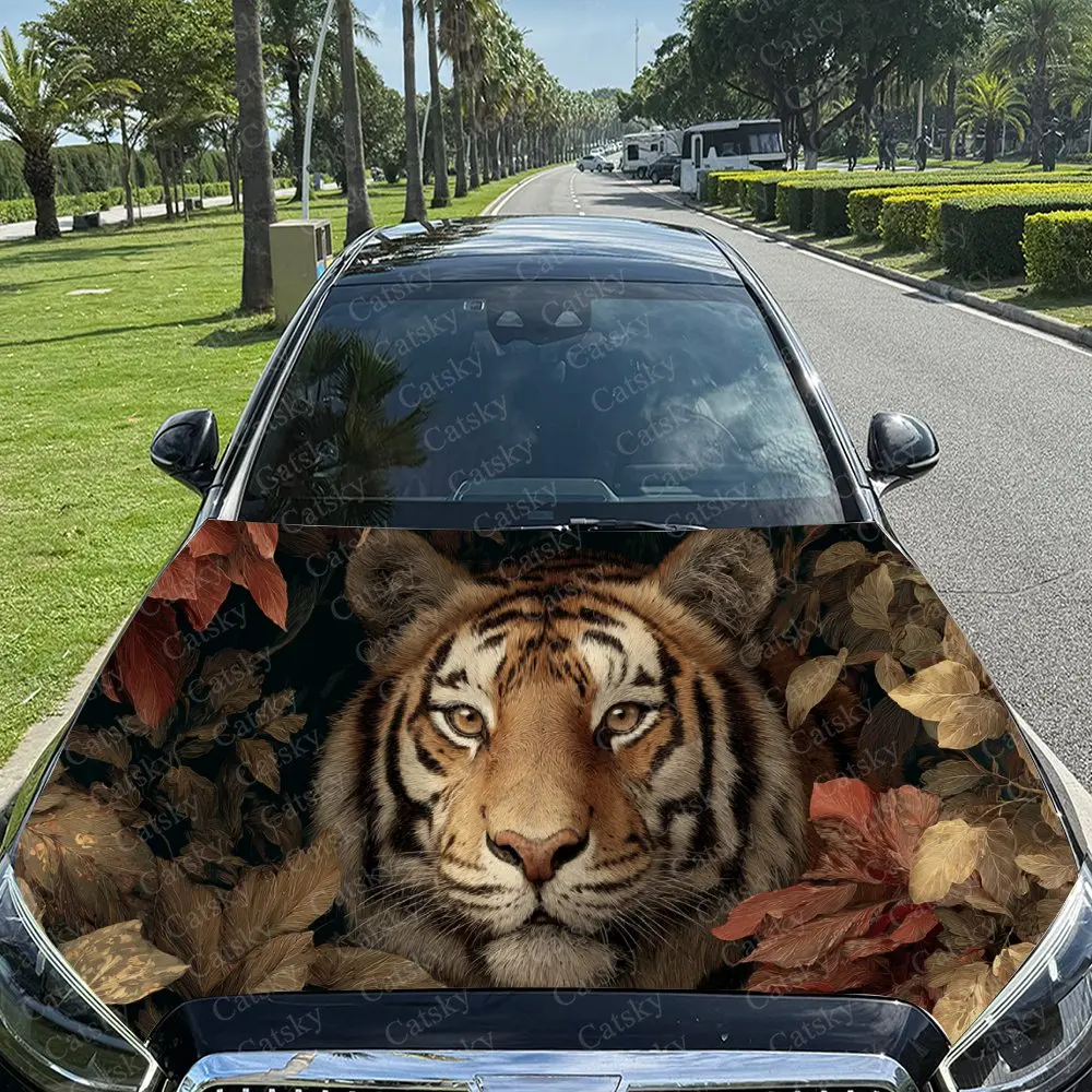 Vibrant Majestic Gilded Tiger Car Cover Sticker, Auto Hood Decal, Car Exterior Scratch Resistant Decal, Trendy Gift for Car Love