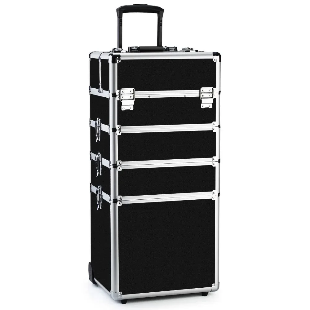 Makeup Train Case 4 in 1 Professional Cosmetics Rolling Organizer Aluminum Frame and Folding Trays