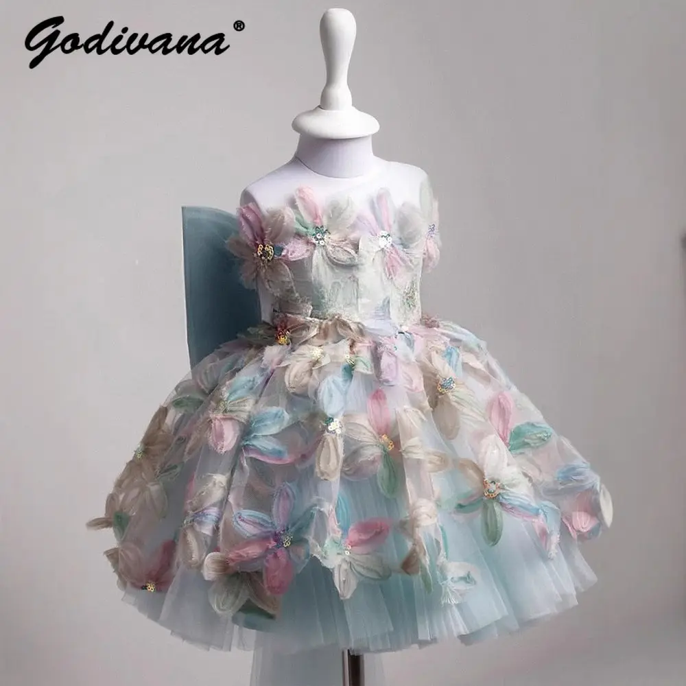 baby girls summer new high end heavy sweet 3d floral princess dress childrens host performance runway bow train tulle tutu dress