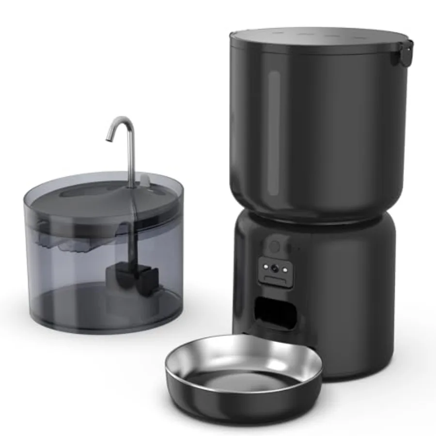 

Automatic Cat Feeder and Waterer Set 4L App Control Smart Cat Feeder with 2MP Camera WiFi Anti-Clog for Mix Food 2.2L Filtered