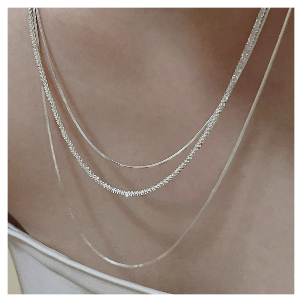 925 Real Silver Multilayer Square Snake Bone Splicing Simple Necklace Elegant Creative Fine Jewelry Gift