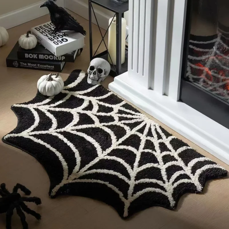 VIKAMA Gothic Spider Web Doormat Halloween Bat Shaped Fluffy Rug Non Slip Floor Mat For Front Door Interior Holiday Decor