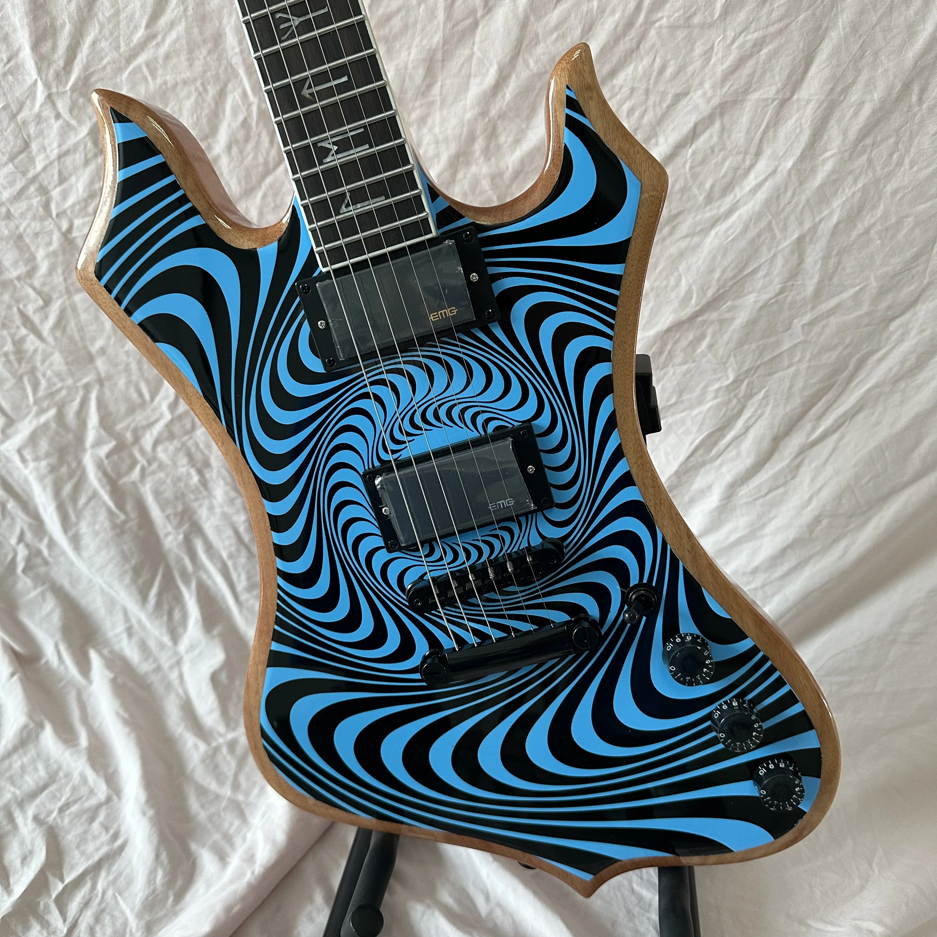 Warlock Style Electric Guitar Blue Black Swirl Graphic Natural Edge 6 String Solid Body Heavy Metal Guitar