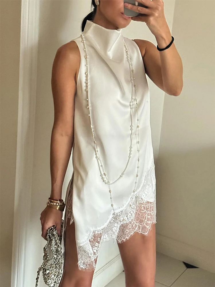 

Trendix Women Elegant Lace Satin Dresses Fashion Turtleneck Patchwork Asymmetric Dress Party Sexy Sleeveless Vacation Mini Dress