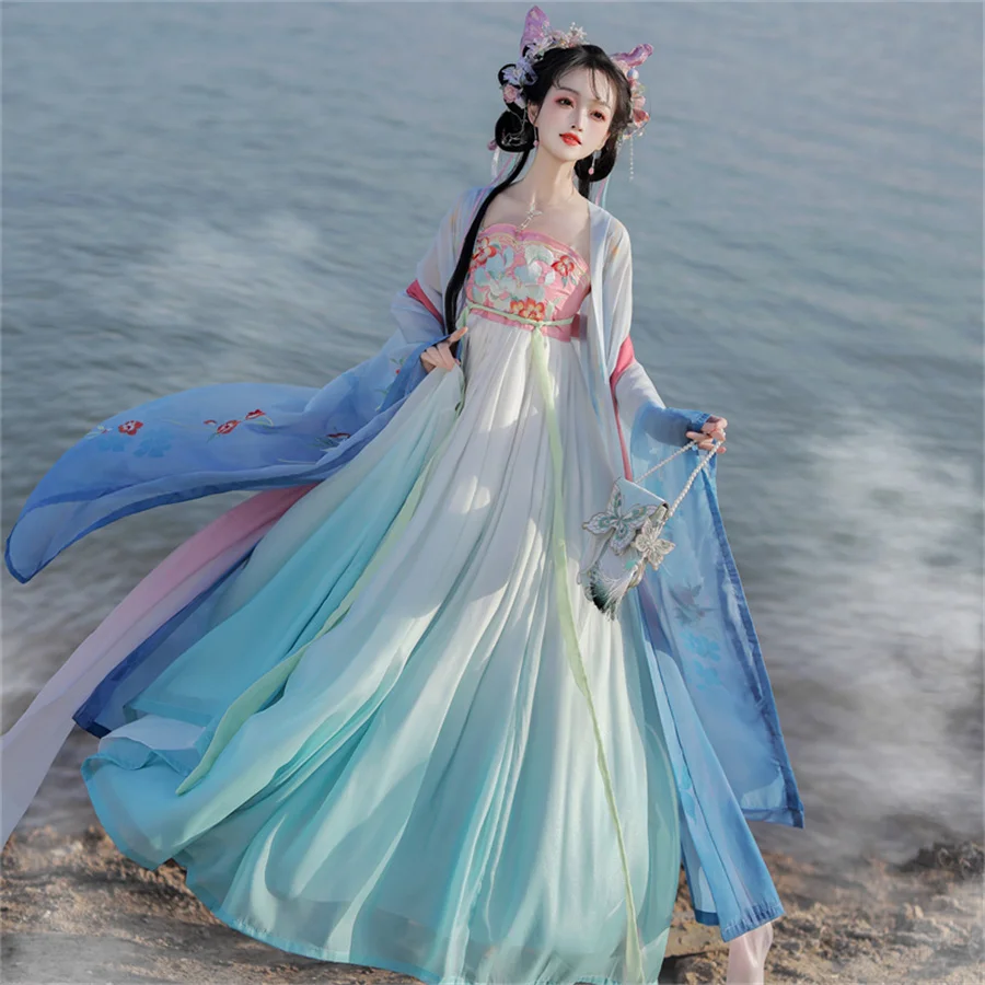 Chinese Style Hanfu Dress Set Women Traditional Elegant Flower Embroidery Princess Dress Tang Dynasty Sweet Dance Stage Costumes