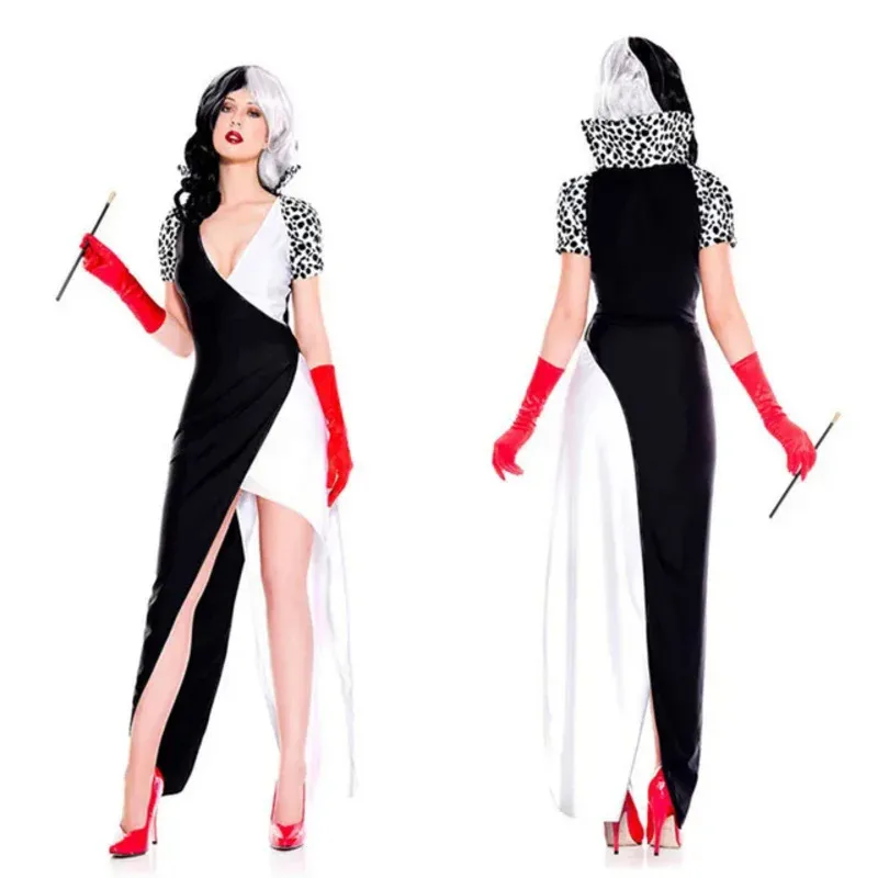 Waq89 Cruella de Vil فستان طويل يصل التباين اللون مهرج السيرك الرعب زي هالوين أشباح تأثيري يتوهم D جديد 2025