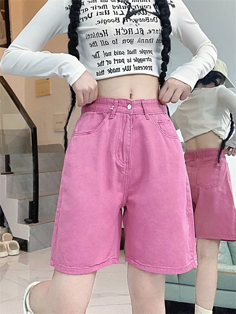 Women's Solid Color Pink Denim Shorts Summer Quarter Bottoms Wide Leg Capris Female High Waist Straight Kenn-length Jeans