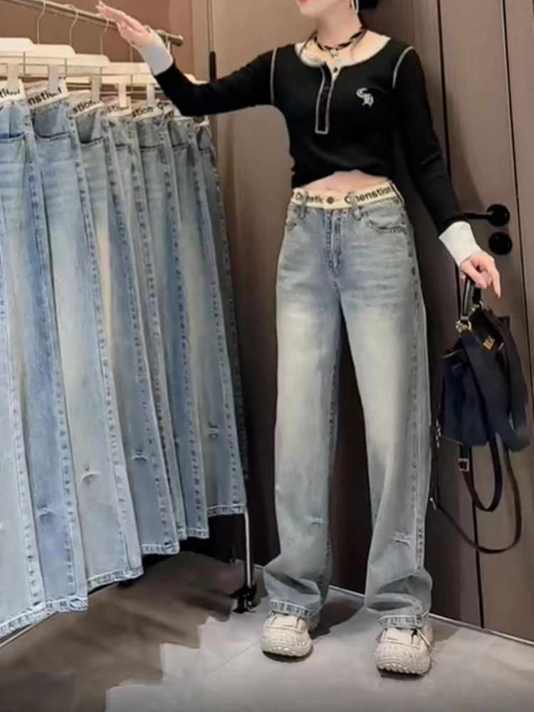 

Trendy High Waist Wide Leg Jeans Women's Loose Slim Straight Cut Denim Pants Autumn Summer Fashionable All-Match Casual Trousers