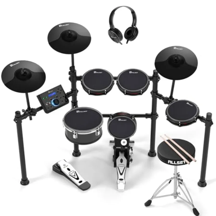 

Профессиональная электронная ударная установка с сетчатыми пэдами, черная, 10 дуэтных зон, 30 режимов, 600+ звуков BFD, 2 педали, стул, наушники, барабаны