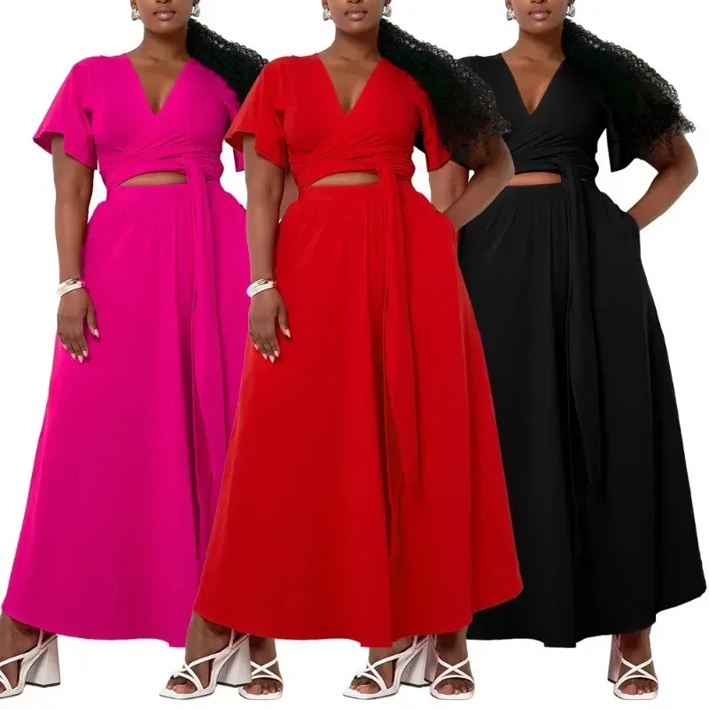 

Customized African Two Piece Set Plus Size Clothes Summer V-Neck Short Sleeve Top Maxi Skirt Women Sets Streetwear Casual Office