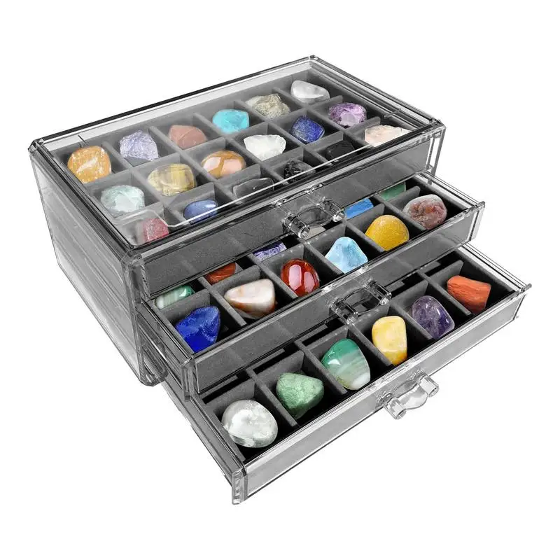 Gemstone Display Case with 3 Drawers Velvet Jewelry Tray Acrylic Earring Necklace Storage Box Stackable Jewelry Display Case