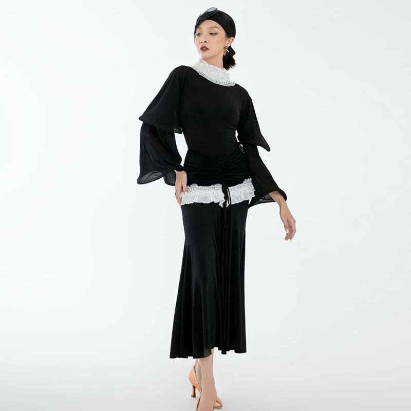 فستان الفالس فستان قاعة الرقص الأسود القياسي ممارسة الرقص الحديث الزي شق تنورة مضيئة كم ارتداءها ملابس الرقص النسائية 1391