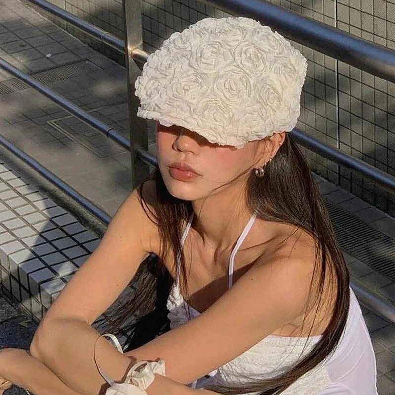 400A Hat for Woman Breathable French Painter Hat with Rose Flower Decals Hat Adult Teens Photography