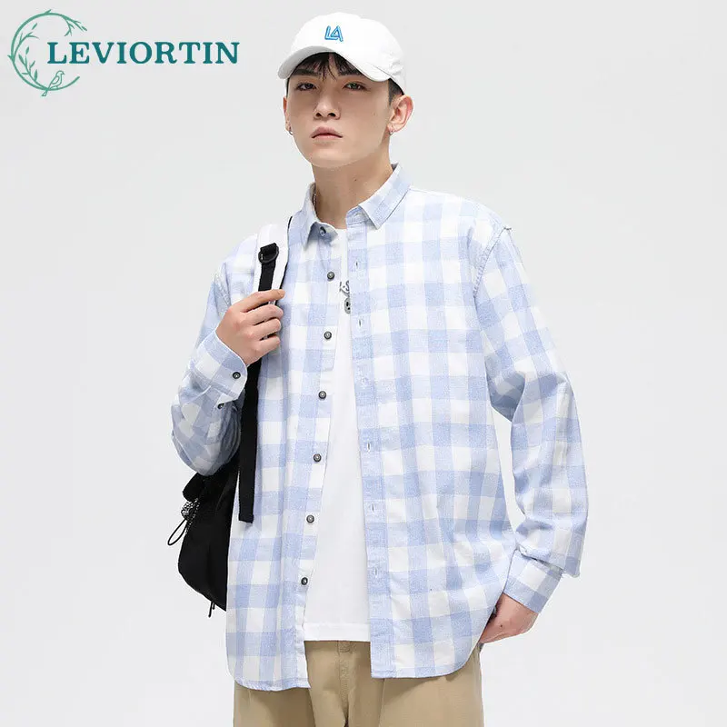 Men's autumn/winter new youthful and popular all cotton checkered shirt Korean version slim fit casual simple long sleeved shirt