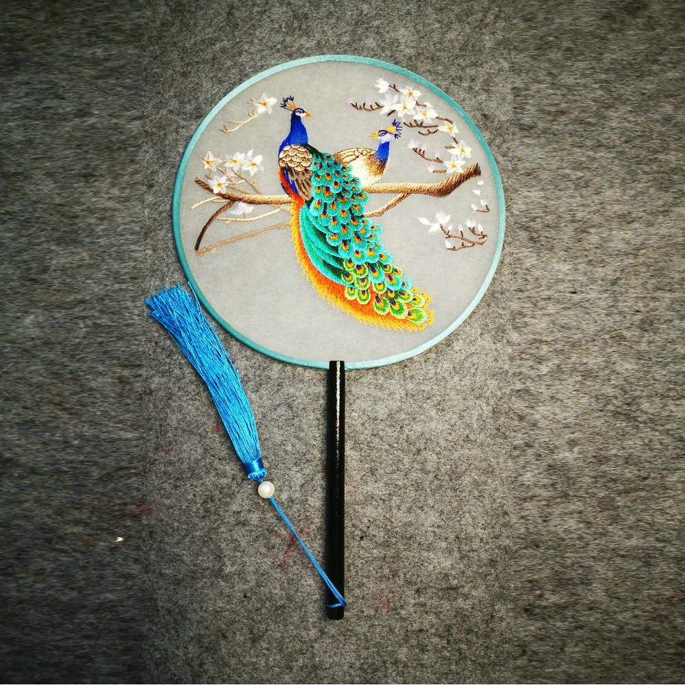 

Oriental Moon-Shped Dancing Fans With Tassels Hanfu Qipao Cheongsam Accessories With Peacock Embroidery Means Auspiciousness Fan