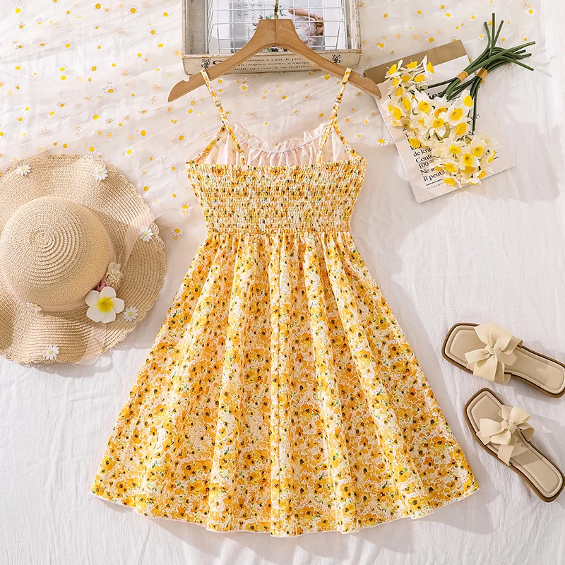 Girls 8-12 Casual Dress, Yellow Floral Spaghetti Strap Smocked A-Line Dress, Sweet & Fresh for Daily Summer Wear