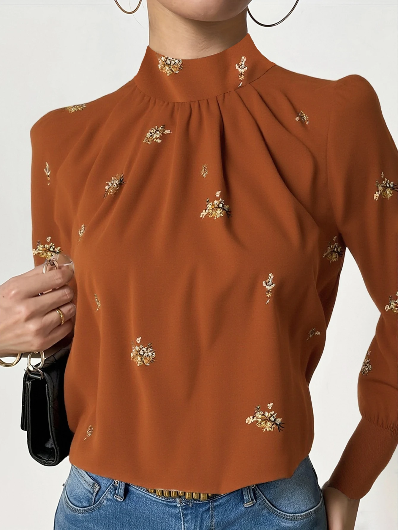 

Женская блузка с цветочным принтом, длинный рукав, круглый вырез, удобный осенний топ стандартного кроя для повседневной носки