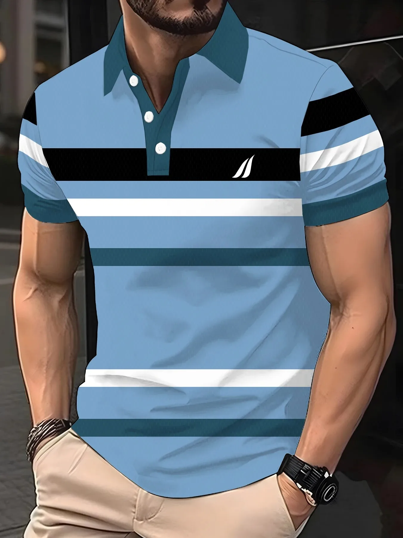 2026 Summer Men's Polo Shirt with Stripes Print Breathable Lightweight Casual Fashionable Outdoor Men's Clothing