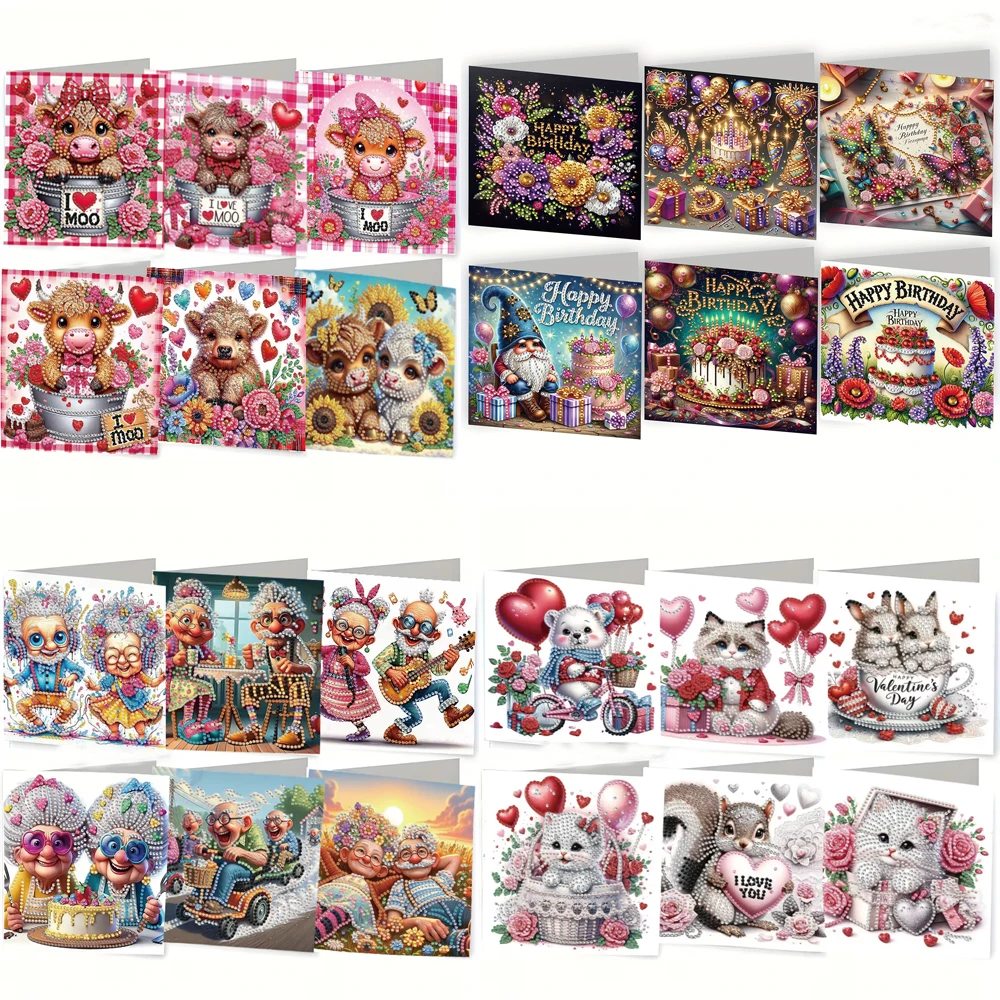 6-Piece/Set DIY Diamond Painting Kit Birthday Card Kit, Unique Flower Pattern Design, Rhinestone Diamond Painting Art Mosaic Pos