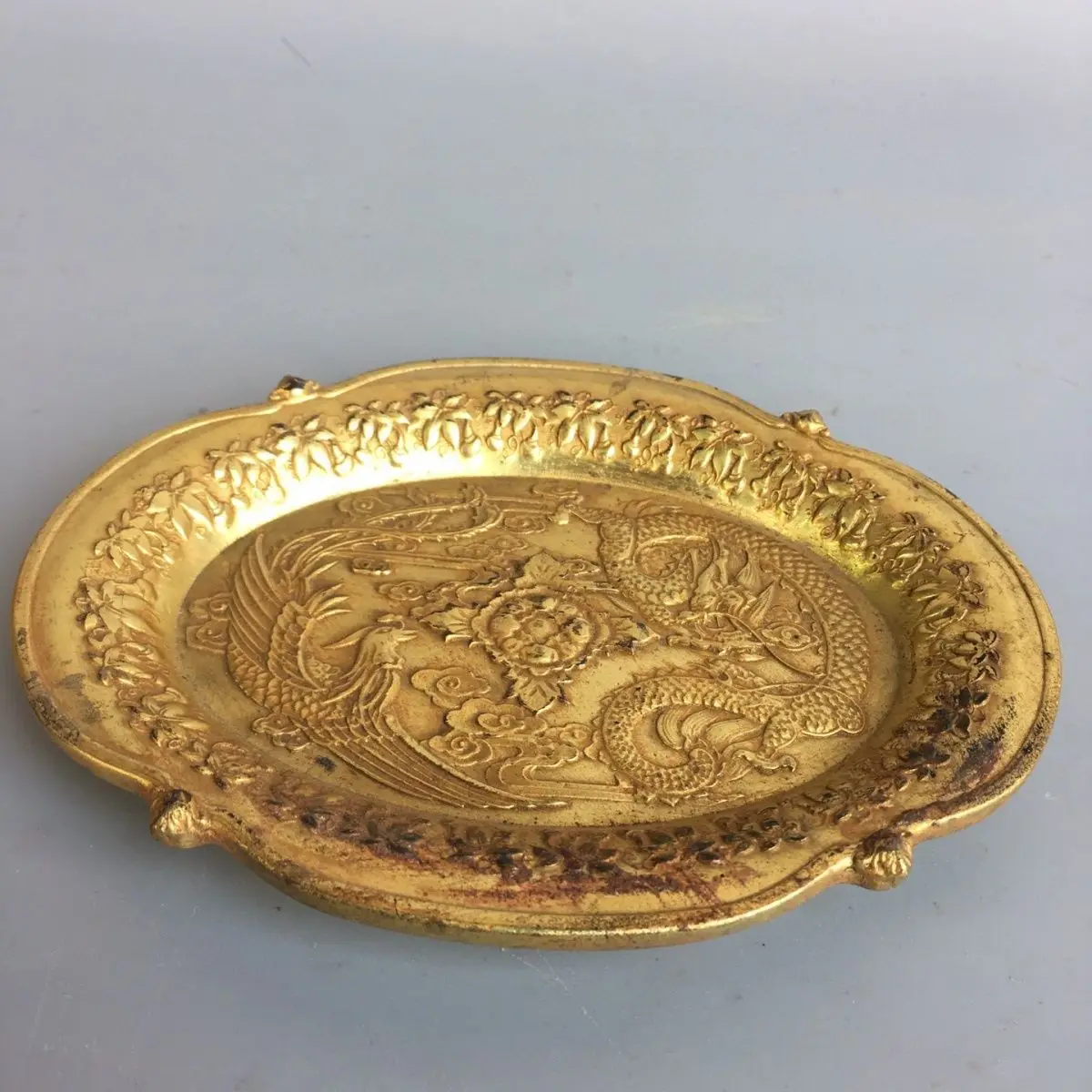 Vintage Chinese Copper Gilt Dragon Phoenix Plate Home Decor Collectible Sculpture Statue  Grams Handicraft Ornament