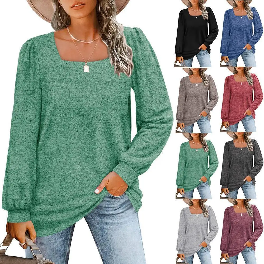 2024 Women's top square collar bubble sleeve long sleeve loose fashion casual knitted European and American t shirt