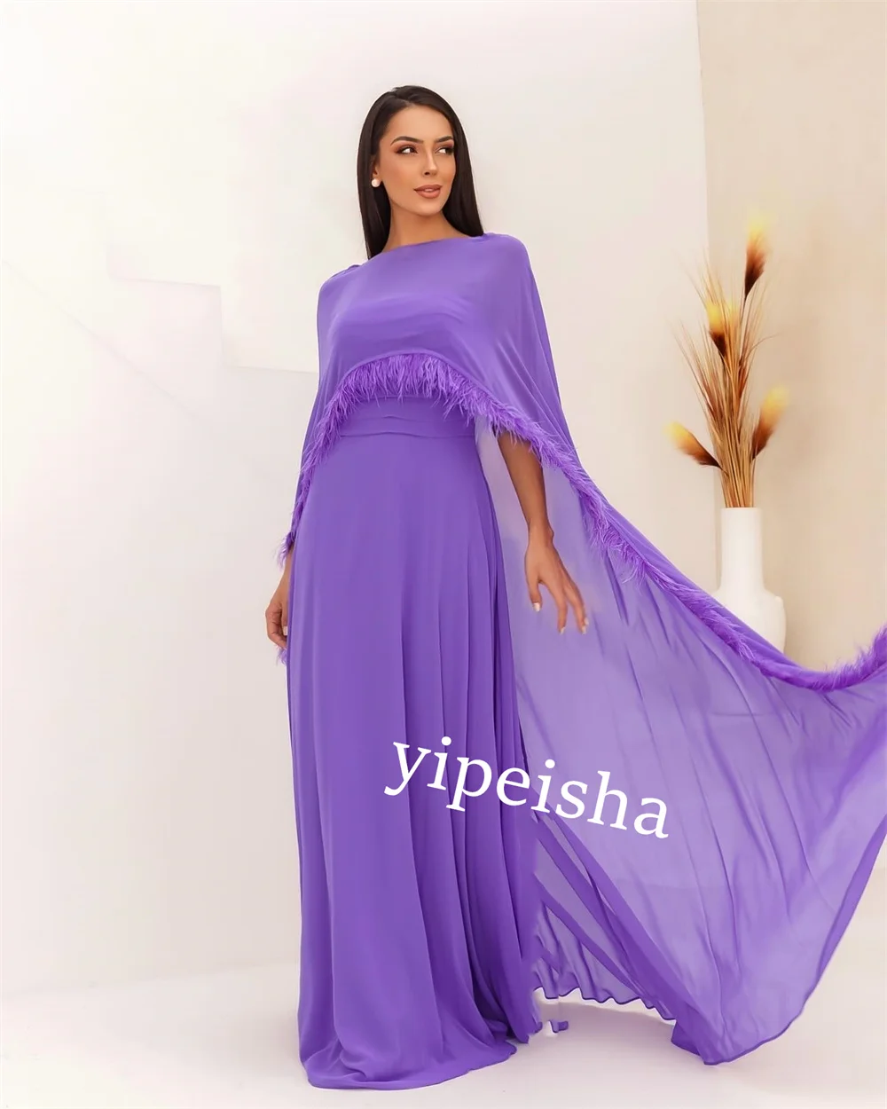 Customized Jersey Draped Feather Cocktail Party A-line High Collar Bespoke Occasion Gown Long Dresses