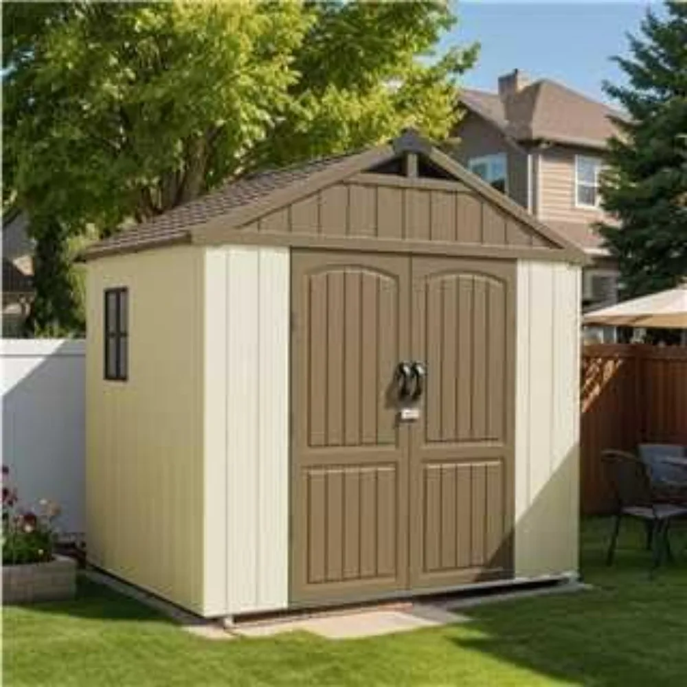 

8 x 6 FT Plastic Outdoor Storage Shed with Floor, Resin Shed with Window and Lockable Door for Garden, Backyard, Tool Storage