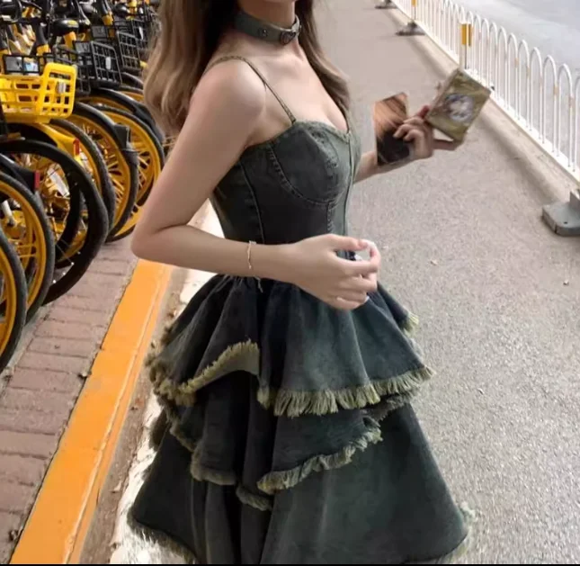 فستان نسائي صيفي كبير الحجم أزرق عتيق من قماش الدنيم الجامعي فستان بحمالات على الموضة بخصر عالٍ على شكل حرف a لتخفيض العمر فساتين كعكة كورية #2