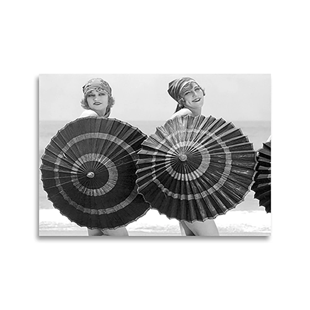 Vintage Beach Umbrella Girls Print, Bathing Beauty Flapper Girls, Vintage Beach Fashion, 1920s, Wall Art, Black and White Photo