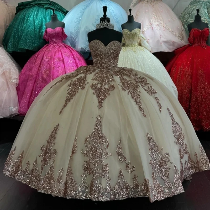 Abiti da Quinceanera lucidi Champagne per dolce 16 abito da principessa Applique pizzo perline Tull festa di compleanno abiti da ballo Vestido De