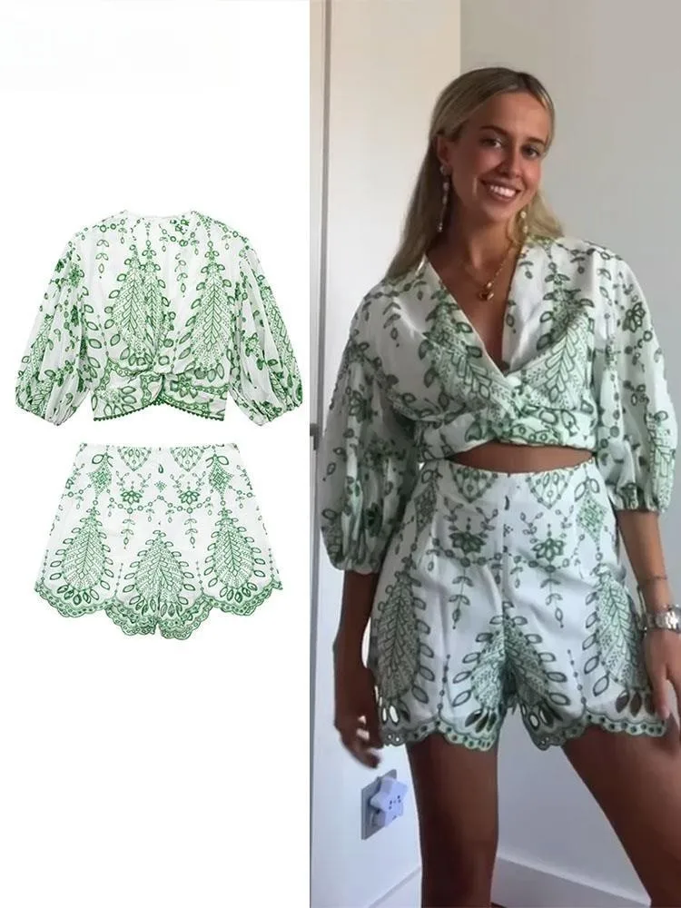 

Embroidery Puff Sleeve Top Shorts Women 2 Piece Sets Elegant V-neck Hollow Out Blouse Female Suit Casual Wave Hem Short Pant Set