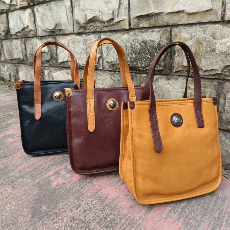 2022 Simple Niche Retro Tote Bag Contrast Color Vegetable Tanning Water Dyed Cowhide Large Capacity Portable Shoulder Messenger