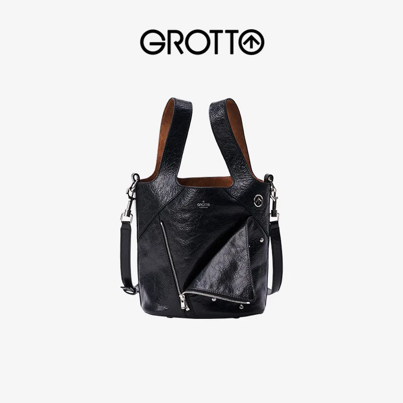 

GROTTO Women Crossbody Bag Diagonal Zipper Water Bucket Element Pleated Soft Leather Niche Relaxed Feeling Street Daily Date Bag