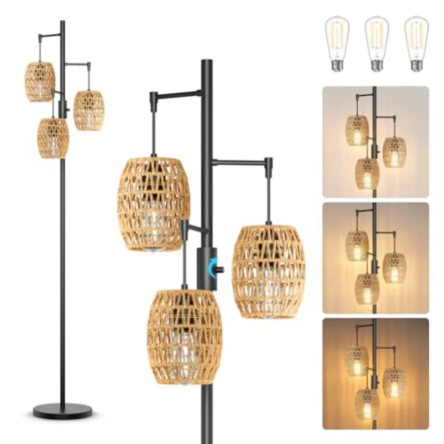 

Boho Rattan Floor Lamp - Dimmable 70 Inch with Shades Coastal 3 Light Bohemian Standing Lamp for Living Room Bedroom Office