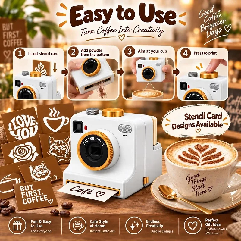 3D Printed Funny Coffee Latte Camera Replaceable Cards One Touch Press DIY Latte Art Camera *Tool Vintage Look Included Stencils