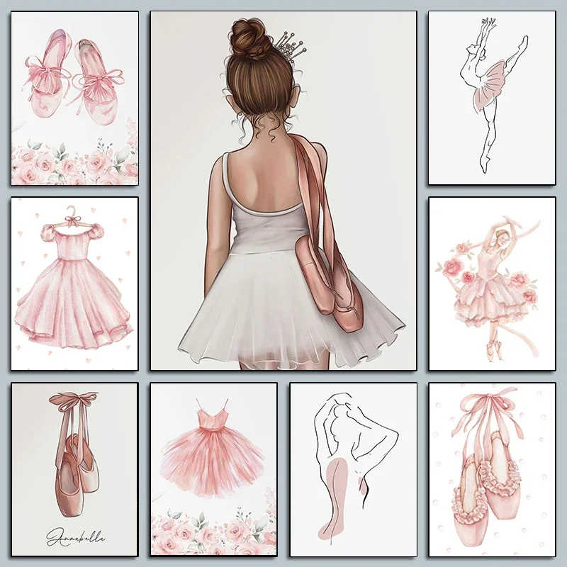 1pc frameless Canvas Painting Modern Pink Ballet Dancer Watercolor Posters Minimalism Ballet Shoes Prints Canvas Painting Wall P