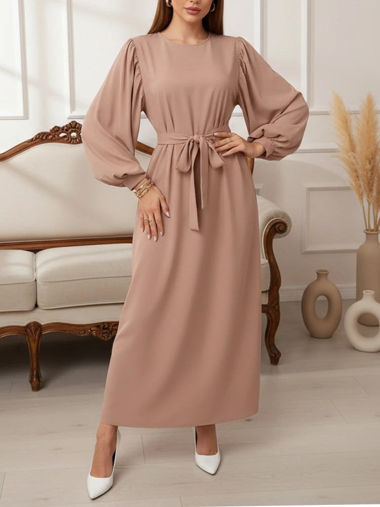

ZANZEA Elegant Chic Belted Party Long Dresses Women Wedding Guest Trendy O-Neck Lantern Sleeve Solid Color Maxi Dress S-3XL