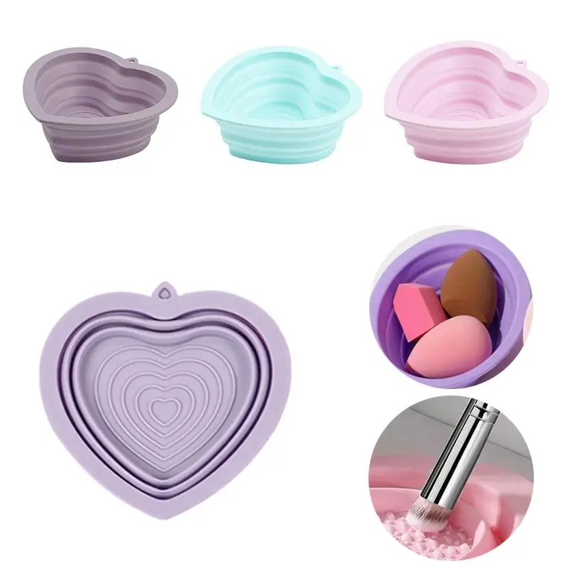Detergente per pennelli per trucco in silicone a forma di cuore/rotondo, ciotola per pulizia pieghevole per soffio di cipria, per lavare tappetino morbido, scatola per strumenti di bellezza