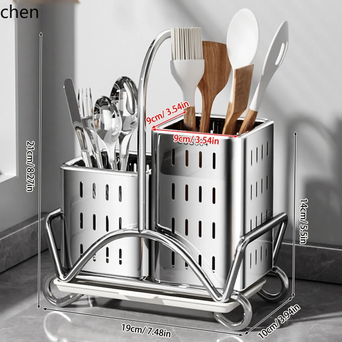 H1304 Stainless Steel Chopsticks & Utensil Holder | 2-Component Large Capacity | With Draining Board | Kitchen Counter Organizer