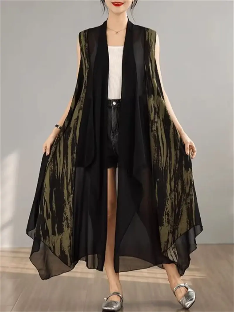 

2025 Trendy Women's Irregular Hem Sleeveless Vest - Oversized Chiffon Patchwork Jacket, High-End Loose Summer Top G272