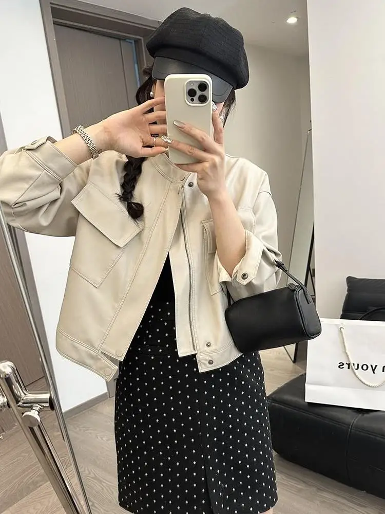 

Короткая женская куртка из искусственной кожи в мотоциклетном стиле, свободного кроя, весна-осень, новинка, модный тренд, с воротником-стойкой, длинный рукав