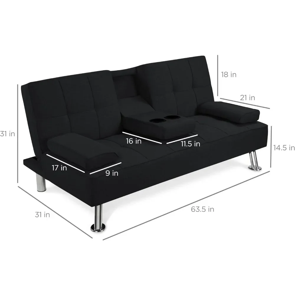 Reclining Sofa Bed for Apartment, Linen Modern Folding Futon, Dorm w/Removable Armrests, 2 Cupholders, Living Room Sofas