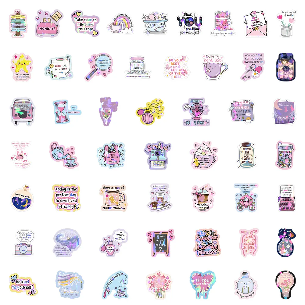 50-Pack Shiny Film Cartoon Motivational Quote Stickers for Student Supplies Notebook Luggage Fridge Car Waterproof Decals